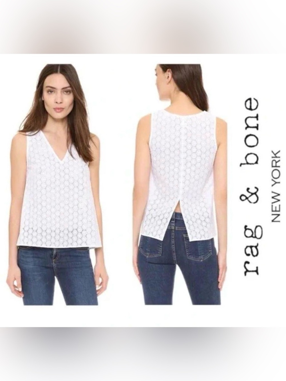 rag & bone White Eyelet V-Neck COTTON Tank Large
